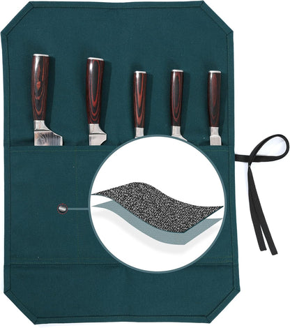 Knife Roll Bags, 16oz Waxed Canvas Knife Holder (4 Slots & Specialized Anti Cutting Fabric), Multi-Purpose Knife Pouch with Tie Rope, Khaki