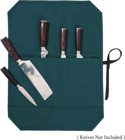 Knife Roll Bags, 16oz Waxed Canvas Knife Holder (4 Slots & Specialized Anti Cutting Fabric), Multi-Purpose Knife Pouch with Tie Rope, Khaki