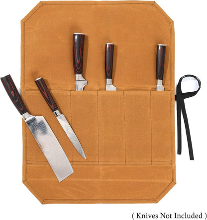 Knife Roll Bags, 16oz Waxed Canvas Knife Holder (4 Slots & Specialized Anti Cutting Fabric), Multi-Purpose Knife Pouch with Tie Rope, Khaki