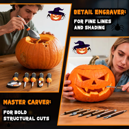 Upgraded Pumpkin Carving Kit for Adults & Kids with Professional Detail Sculpting Tools, Heavy Duty Stainless Steel Knife Set with Carrying Case for Halloween Decoration