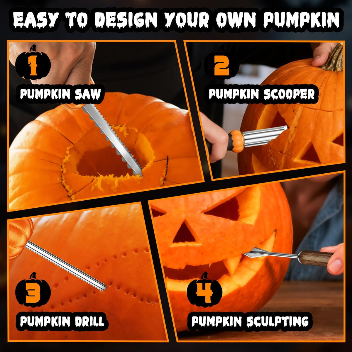 Upgraded Pumpkin Carving Kit for Adults & Kids with Professional Detail Sculpting Tools, Heavy Duty Stainless Steel Knife Set with Carrying Case for Halloween Decoration