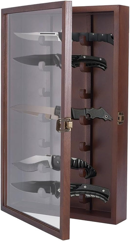Wood Knife Display Case with Lockable Clear Acrylic Door Coconut Brown Military Folding Knife Stand Military Folding Knife Shadow Box for Wall Mounted Desk Display 10.35"x17.04"x2.55"