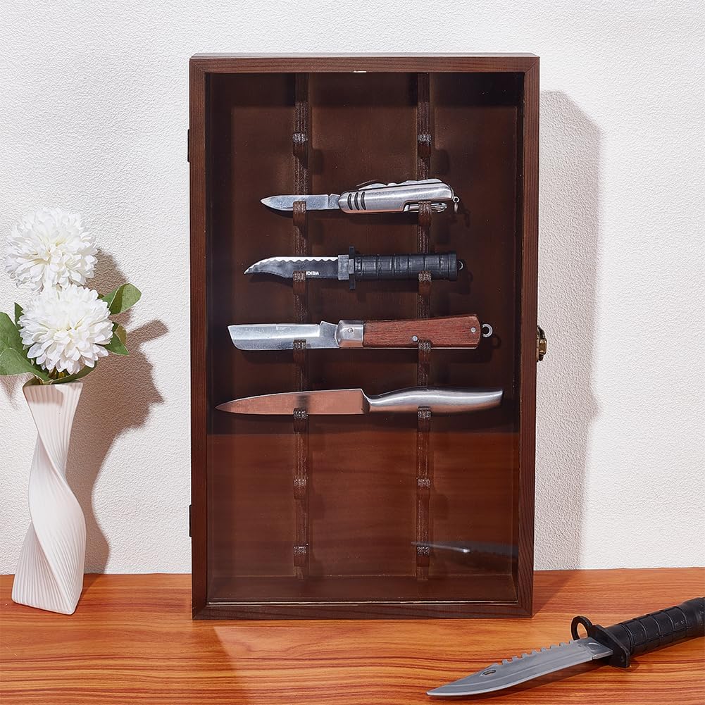 Wood Knife Display Case with Lockable Clear Acrylic Door Coconut Brown Military Folding Knife Stand Military Folding Knife Shadow Box for Wall Mounted Desk Display 10.35"x17.04"x2.55"