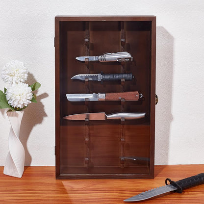 Wood Knife Display Case with Lockable Clear Acrylic Door Coconut Brown Military Folding Knife Stand Military Folding Knife Shadow Box for Wall Mounted Desk Display 10.35"x17.04"x2.55"