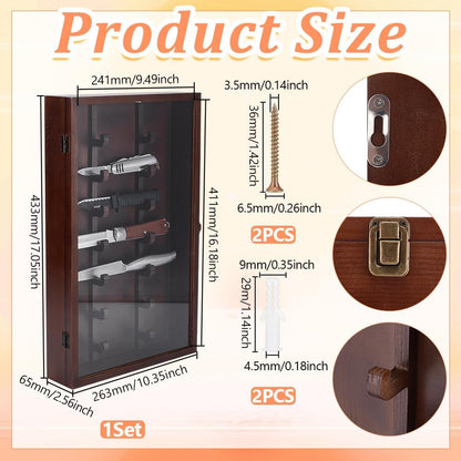 Wood Knife Display Case with Lockable Clear Acrylic Door Coconut Brown Military Folding Knife Stand Military Folding Knife Shadow Box for Wall Mounted Desk Display 10.35"x17.04"x2.55"