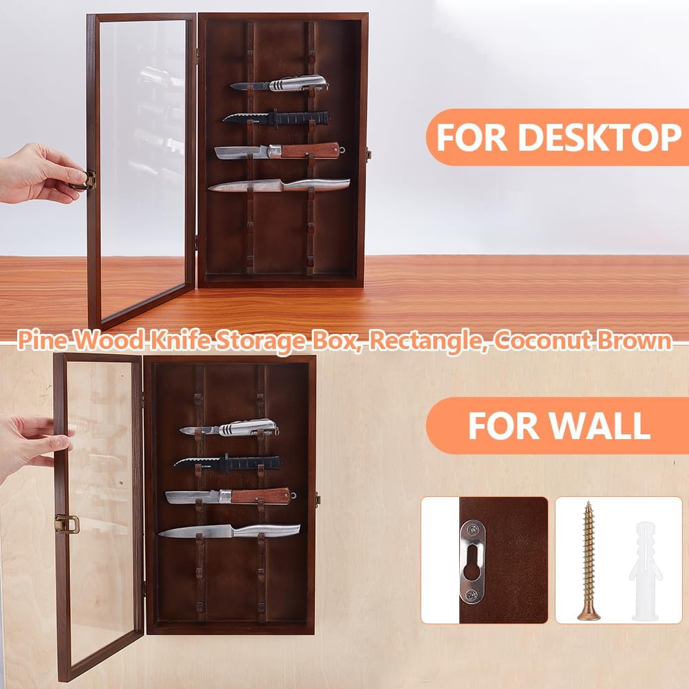Wood Knife Display Case with Lockable Clear Acrylic Door Coconut Brown Military Folding Knife Stand Military Folding Knife Shadow Box for Wall Mounted Desk Display 10.35"x17.04"x2.55"