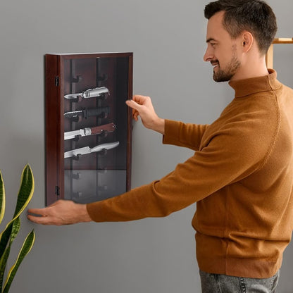 Wood Knife Display Case with Lockable Clear Acrylic Door Coconut Brown Military Folding Knife Stand Military Folding Knife Shadow Box for Wall Mounted Desk Display 10.35"x17.04"x2.55"