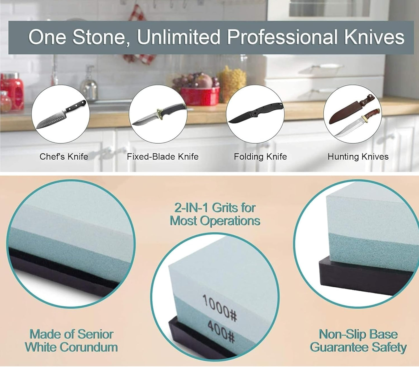 2 Pack Premium Knife Sharpening Stone Whetstone, Professional 2 sided 400/1000 Grit Water Stone with Non-Slip Rubber Base,Dual Grit sharpener for Kitchen/Hunt/Pocket Knives,Blades,Chisels,Planer
