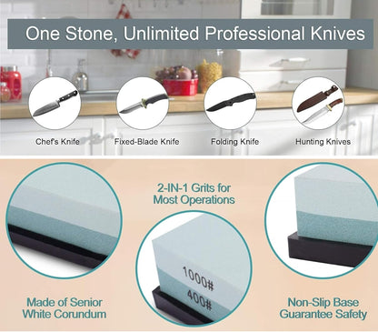 2 Pack Premium Knife Sharpening Stone Whetstone, Professional 2 sided 400/1000 Grit Water Stone with Non-Slip Rubber Base,Dual Grit sharpener for Kitchen/Hunt/Pocket Knives,Blades,Chisels,Planer
