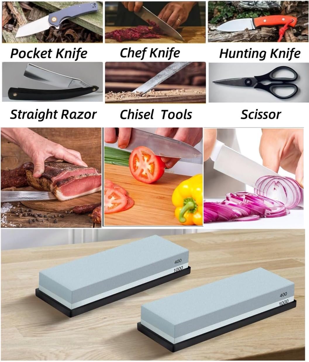 2 Pack Premium Knife Sharpening Stone Whetstone, Professional 2 sided 400/1000 Grit Water Stone with Non-Slip Rubber Base,Dual Grit sharpener for Kitchen/Hunt/Pocket Knives,Blades,Chisels,Planer