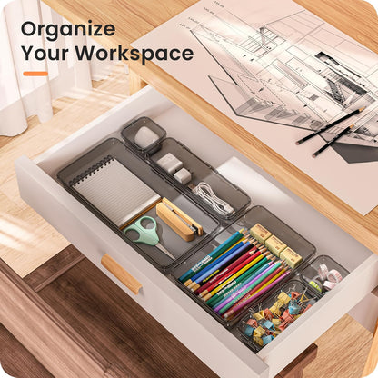 【Military Grade】 Drawer Organizer,【𝟱𝗦𝗶𝘇𝗲】Makeup organizer,【Holds 177 Items】Bathroom Organizers and Storage,Organization and Storage,Desk Drawer Organizer for Vanity【Clear Black】