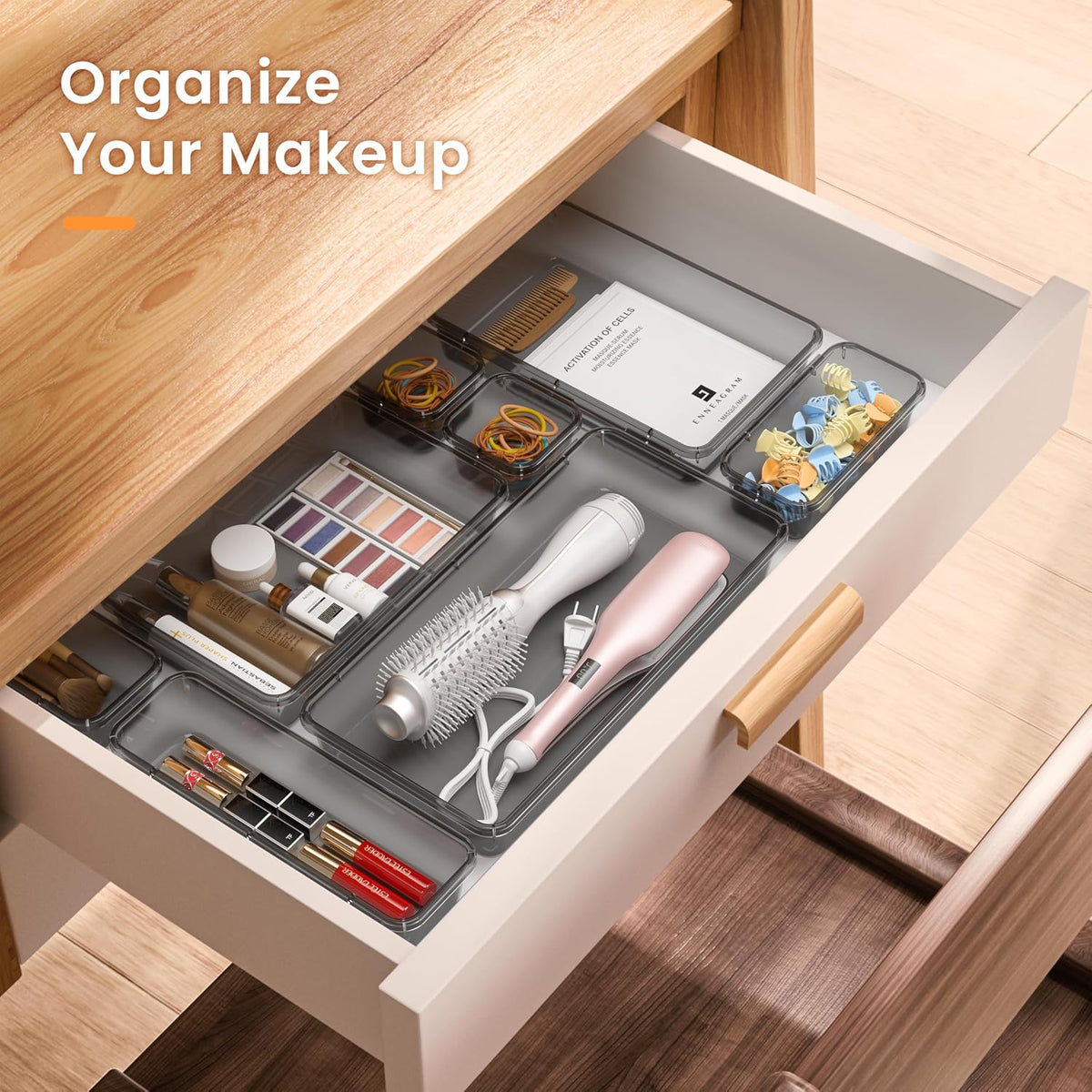 【Military Grade】 Drawer Organizer,【𝟱𝗦𝗶𝘇𝗲】Makeup organizer,【Holds 177 Items】Bathroom Organizers and Storage,Organization and Storage,Desk Drawer Organizer for Vanity【Clear Black】
