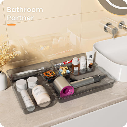 【Military Grade】 Drawer Organizer,【𝟱𝗦𝗶𝘇𝗲】Makeup organizer,【Holds 177 Items】Bathroom Organizers and Storage,Organization and Storage,Desk Drawer Organizer for Vanity【Clear Black】
