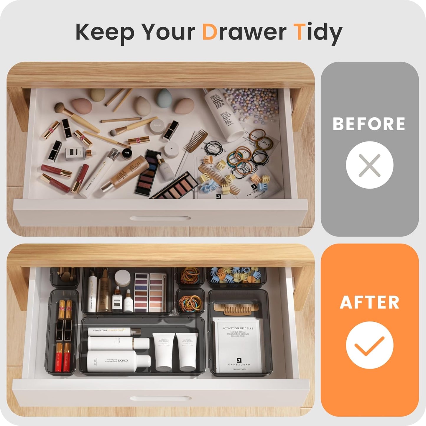 【Military Grade】 Drawer Organizer,【𝟱𝗦𝗶𝘇𝗲】Makeup organizer,【Holds 177 Items】Bathroom Organizers and Storage,Organization and Storage,Desk Drawer Organizer for Vanity【Clear Black】