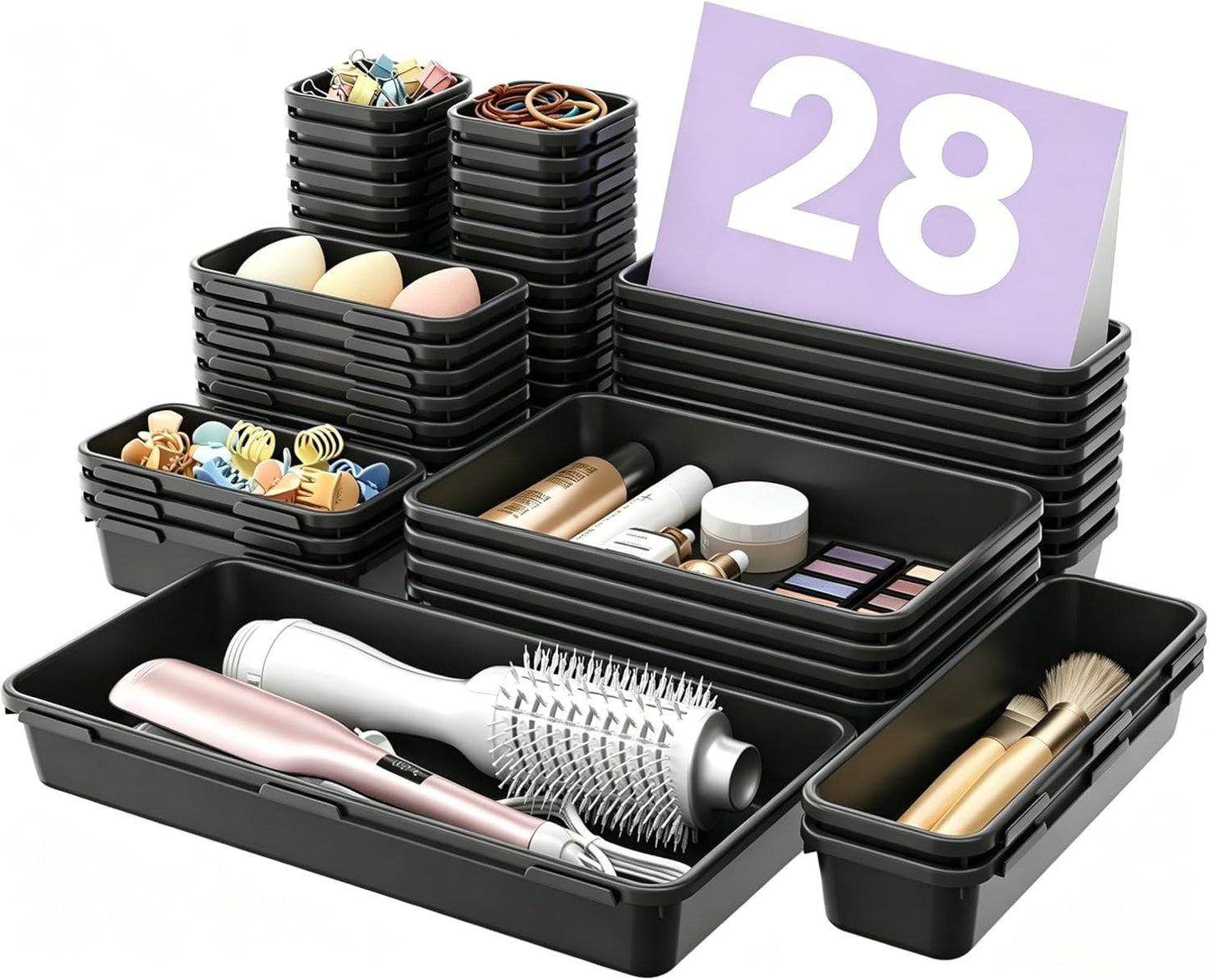 【Military Grade】 Drawer Organizer,【𝟱𝗦𝗶𝘇𝗲】Makeup organizer,【Holds 177 Items】Bathroom Organizers and Storage,Organization and Storage,Desk Drawer Organizer for Vanity【Clear Black】