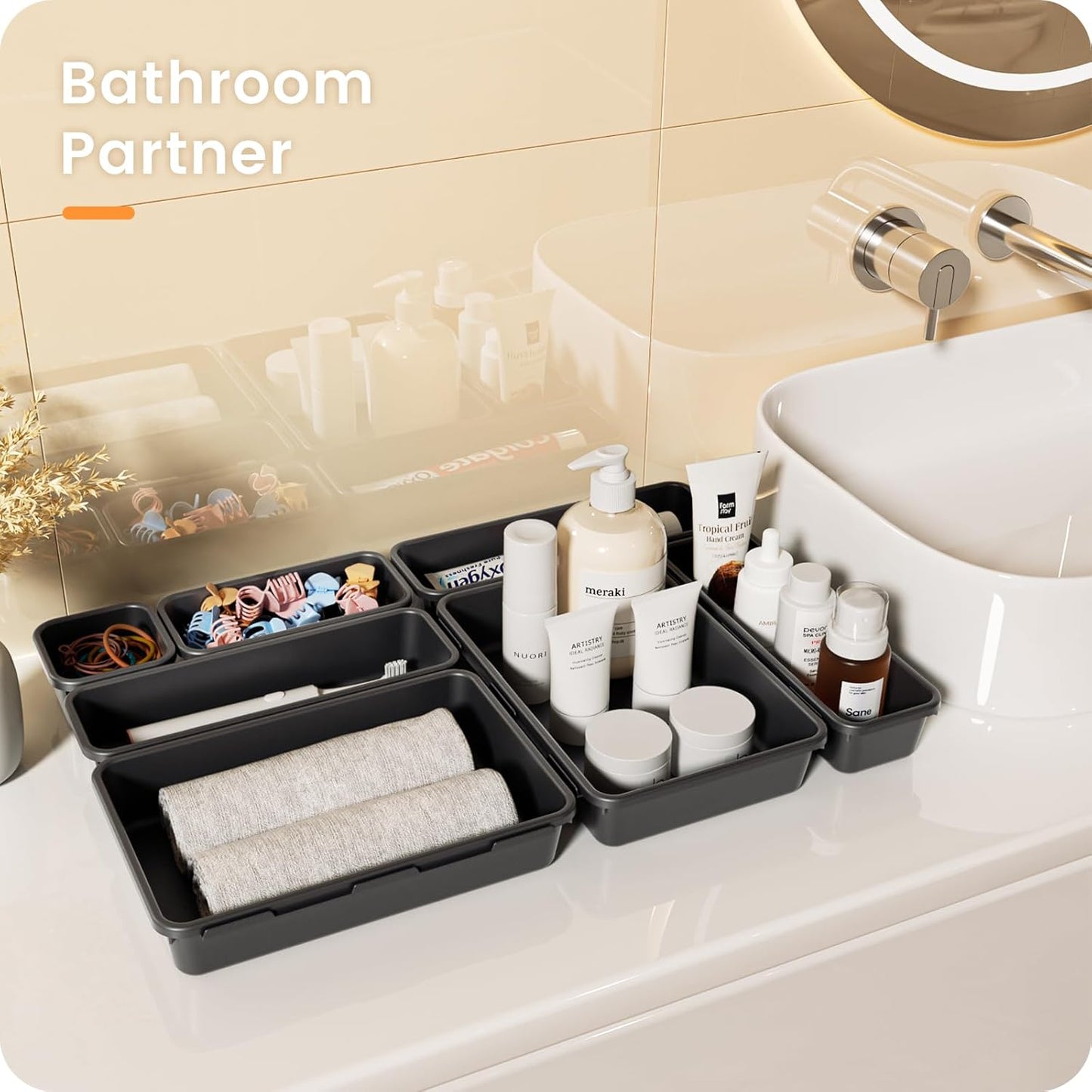 【Military Grade】 Drawer Organizer,【𝟱𝗦𝗶𝘇𝗲】Makeup organizer,【Holds 177 Items】Bathroom Organizers and Storage,Organization and Storage,Desk Drawer Organizer for Vanity【Clear Black】