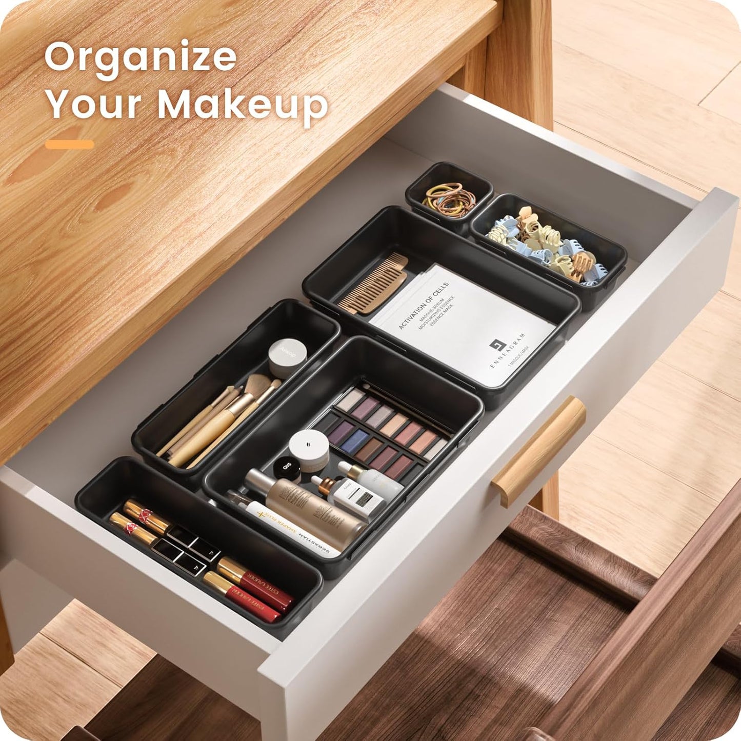 【Military Grade】 Drawer Organizer,【𝟱𝗦𝗶𝘇𝗲】Makeup organizer,【Holds 177 Items】Bathroom Organizers and Storage,Organization and Storage,Desk Drawer Organizer for Vanity【Clear Black】
