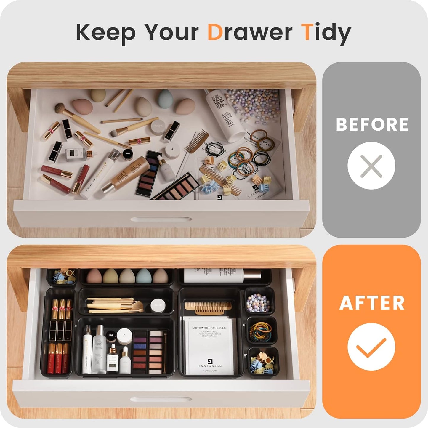 【Military Grade】 Drawer Organizer,【𝟱𝗦𝗶𝘇𝗲】Makeup organizer,【Holds 177 Items】Bathroom Organizers and Storage,Organization and Storage,Desk Drawer Organizer for Vanity【Clear Black】