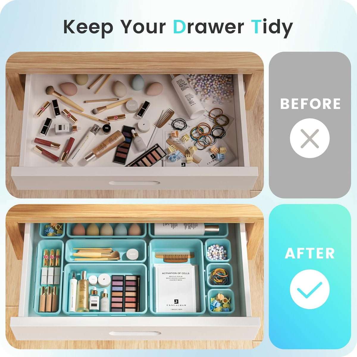 【Military Grade】 Drawer Organizer,【𝟱𝗦𝗶𝘇𝗲】Makeup organizer,【Holds 177 Items】Bathroom Organizers and Storage,Organization and Storage,Desk Drawer Organizer for Vanity【Clear Black】