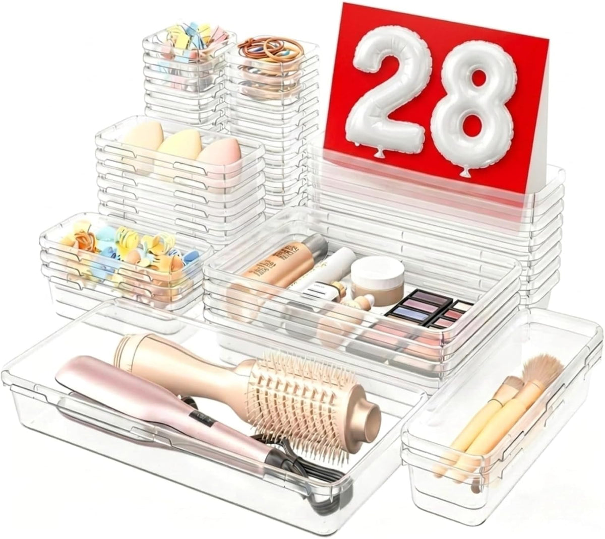 【Military Grade】 Drawer Organizer,【𝟱𝗦𝗶𝘇𝗲】Makeup organizer,【Holds 177 Items】Bathroom Organizers and Storage,Organization and Storage,Desk Drawer Organizer for Vanity【Clear Black】