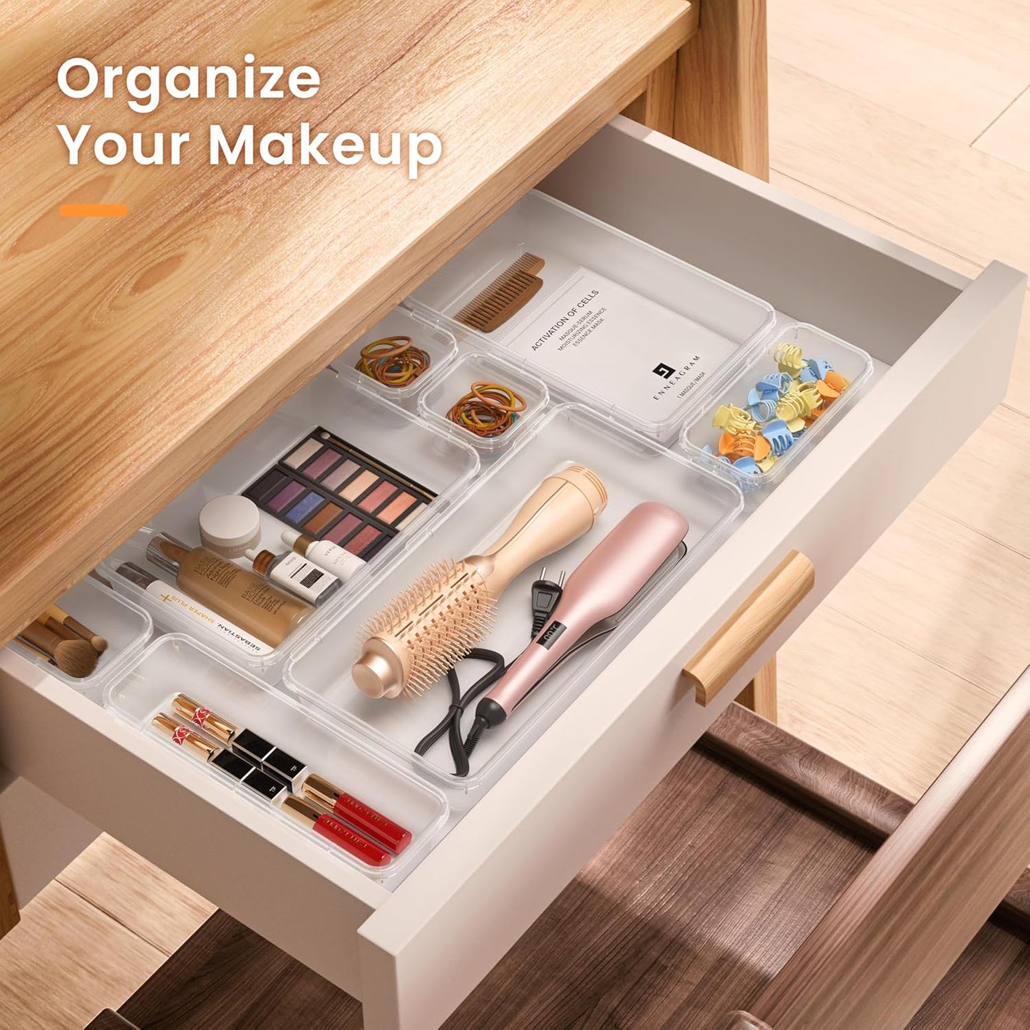 【Military Grade】 Drawer Organizer,【𝟱𝗦𝗶𝘇𝗲】Makeup organizer,【Holds 177 Items】Bathroom Organizers and Storage,Organization and Storage,Desk Drawer Organizer for Vanity【Clear Black】
