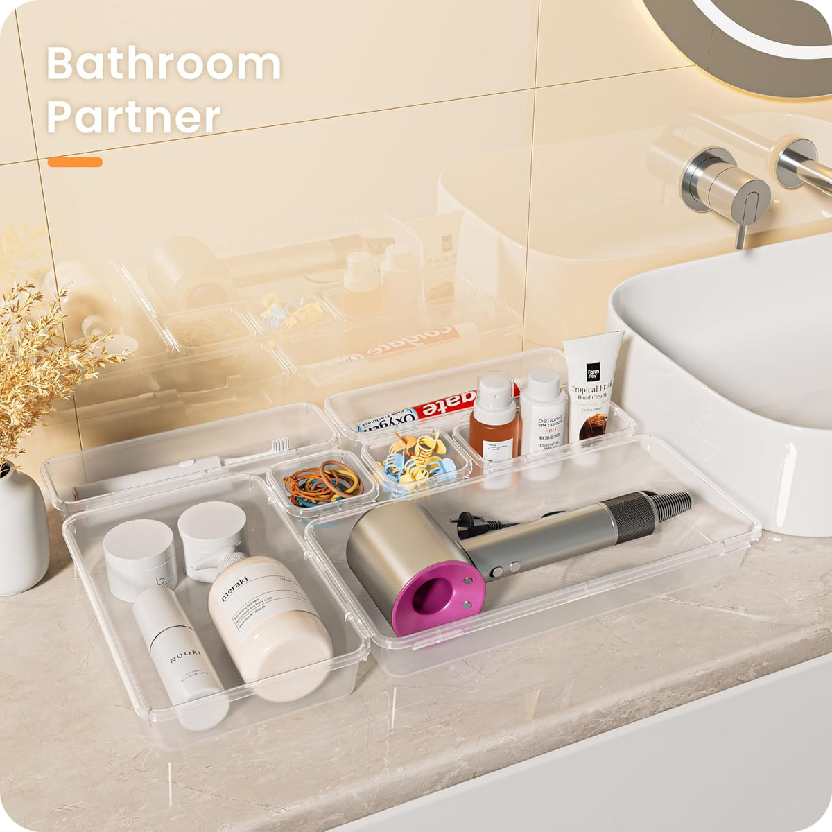 【Military Grade】 Drawer Organizer,【𝟱𝗦𝗶𝘇𝗲】Makeup organizer,【Holds 177 Items】Bathroom Organizers and Storage,Organization and Storage,Desk Drawer Organizer for Vanity【Clear Black】