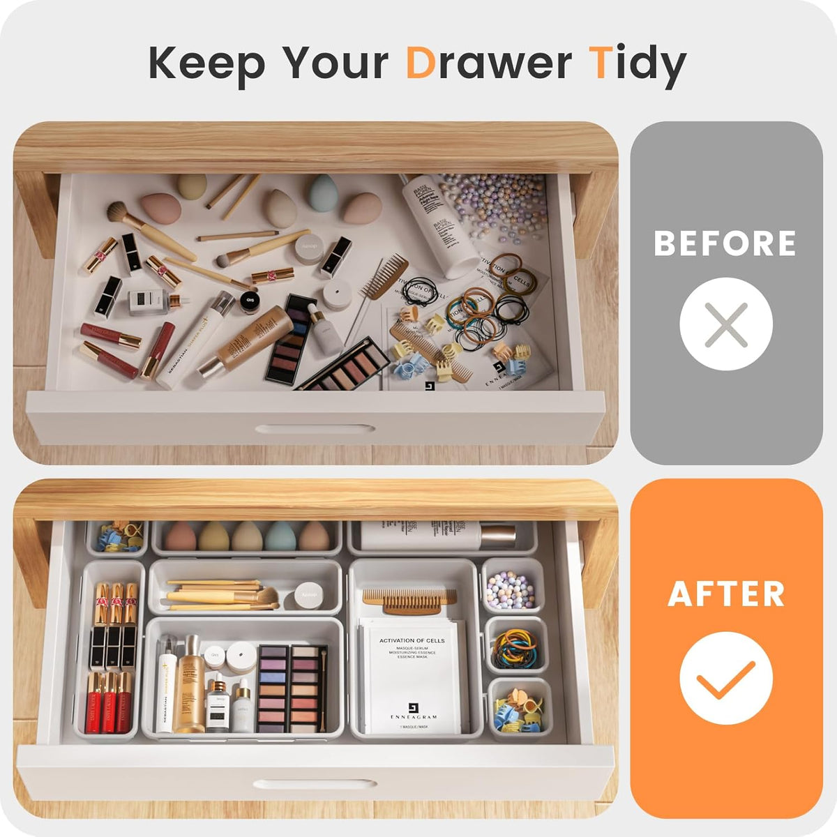 【Military Grade】 Drawer Organizer,【𝟱𝗦𝗶𝘇𝗲】Makeup organizer,【Holds 177 Items】Bathroom Organizers and Storage,Organization and Storage,Desk Drawer Organizer for Vanity【Clear Black】