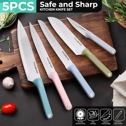 Kitchen Knife Set, 5 PCS Colorful Kitchen Knives with Sheaths, Non-Stick Coated Stainless Steel Blades for Slicing, Dicing&Cutting, Gifts Knife Set with Ergonomic Handle for Dad, Mom, and Wife