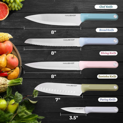 Kitchen Knife Set, 5 PCS Colorful Kitchen Knives with Sheaths, Non-Stick Coated Stainless Steel Blades for Slicing, Dicing&Cutting, Gifts Knife Set with Ergonomic Handle for Dad, Mom, and Wife