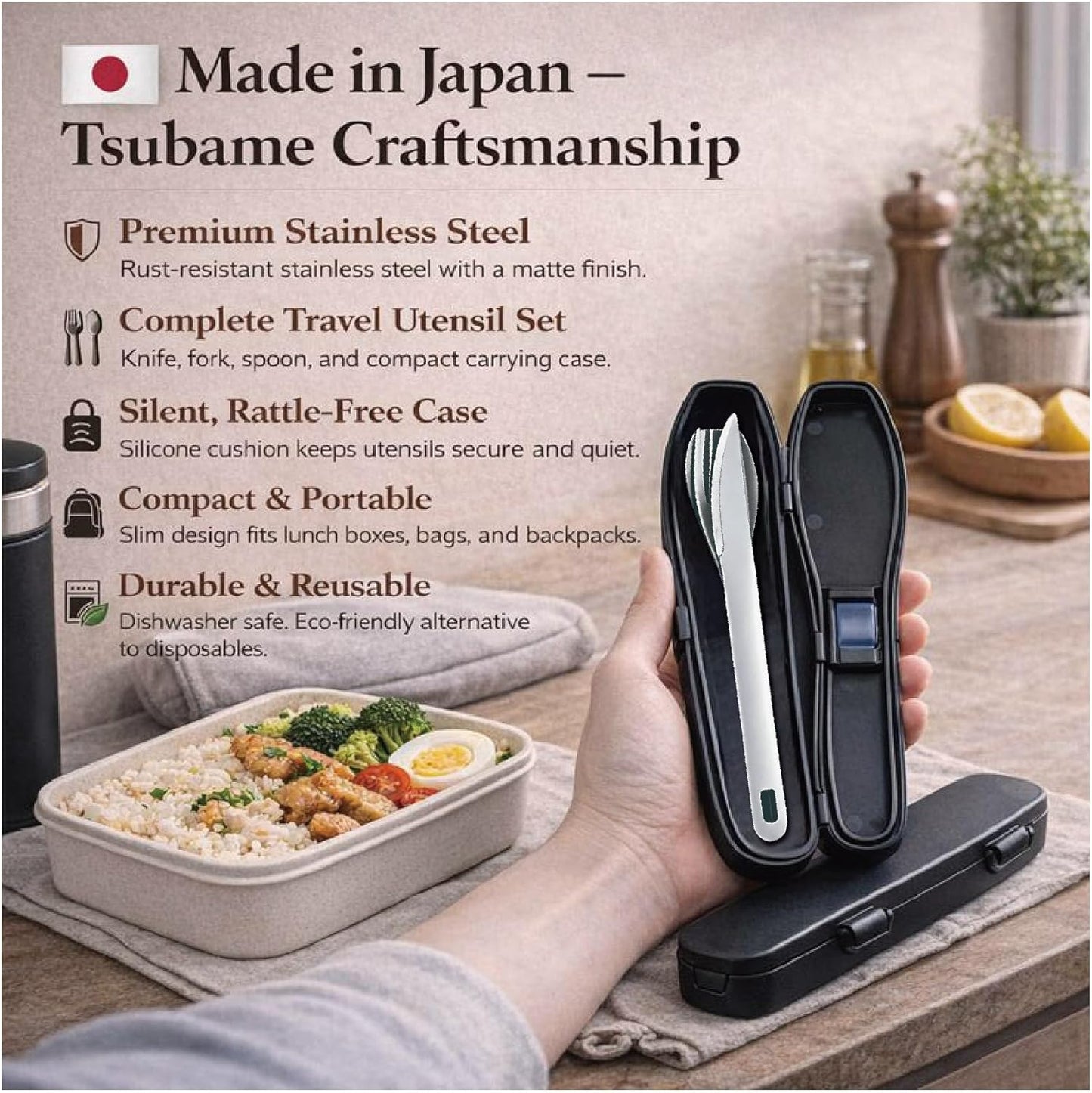 Travel Utensils Set with Case [Made in Japan] Matte Finish Knife Fork Spoon Noise Free Portable Case Lunch Box Cutlery Set for Work Reusable Stainless Steel
