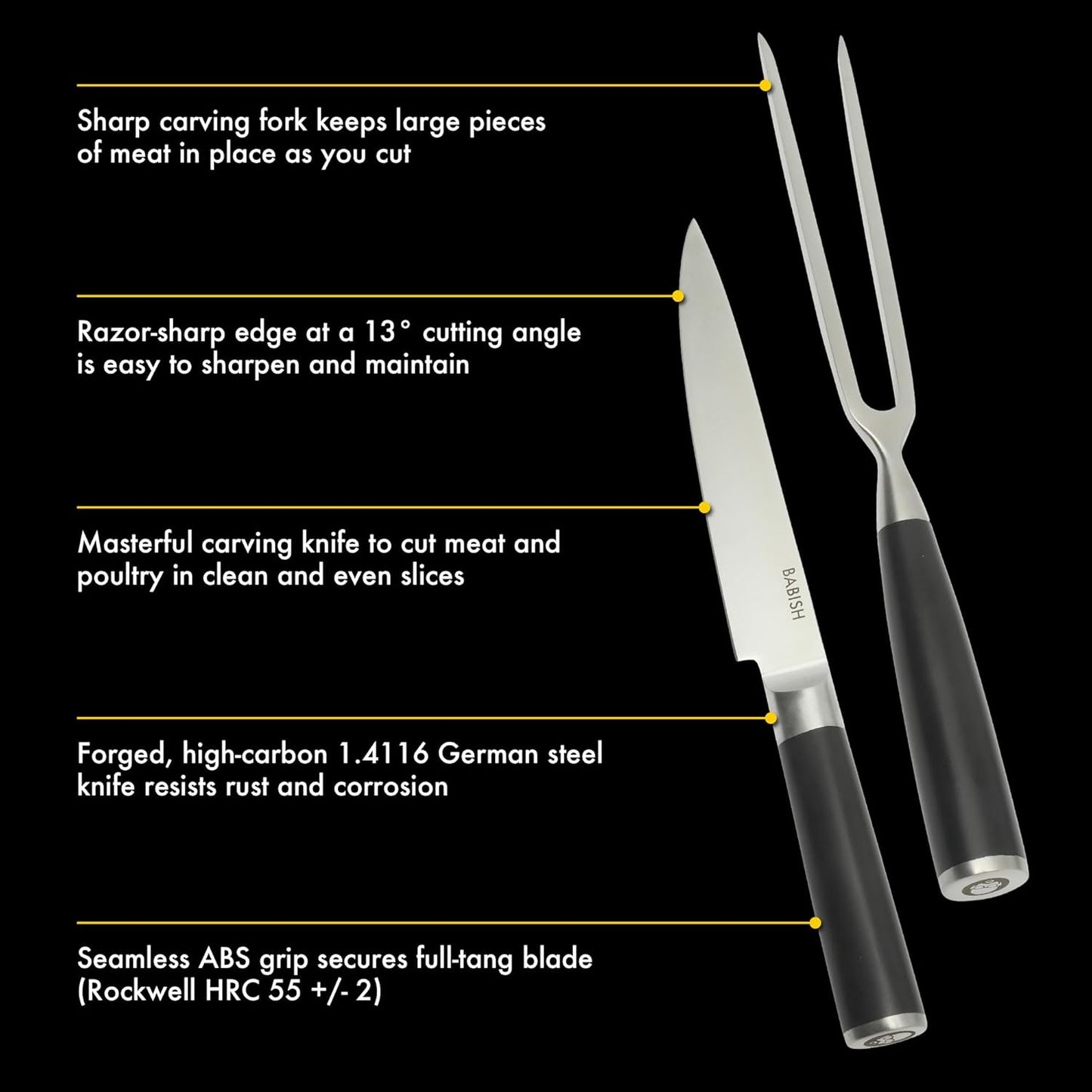 2-Piece Carving Knife and Fork Set – 8-Inch Stainless Steel Carving Knife with 6.5-Inch Fork – Precision Cutlery for Turkey, Roast, and Meat Carving – Ergonomic ABS Handles