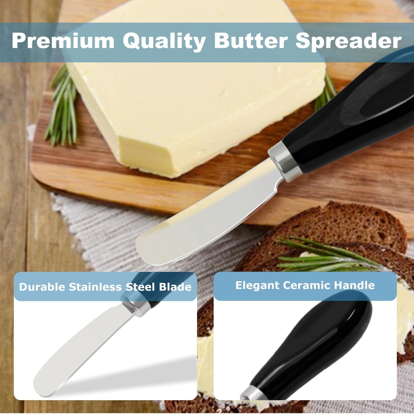 Butter Spreader Knives Set of 4, Stainless Steel Butter Knife with Porcelain Handles, Blunt Edge Cheese Spreader Set for Soft Cheese, Butter, Jam, Charcuterie, Pastry