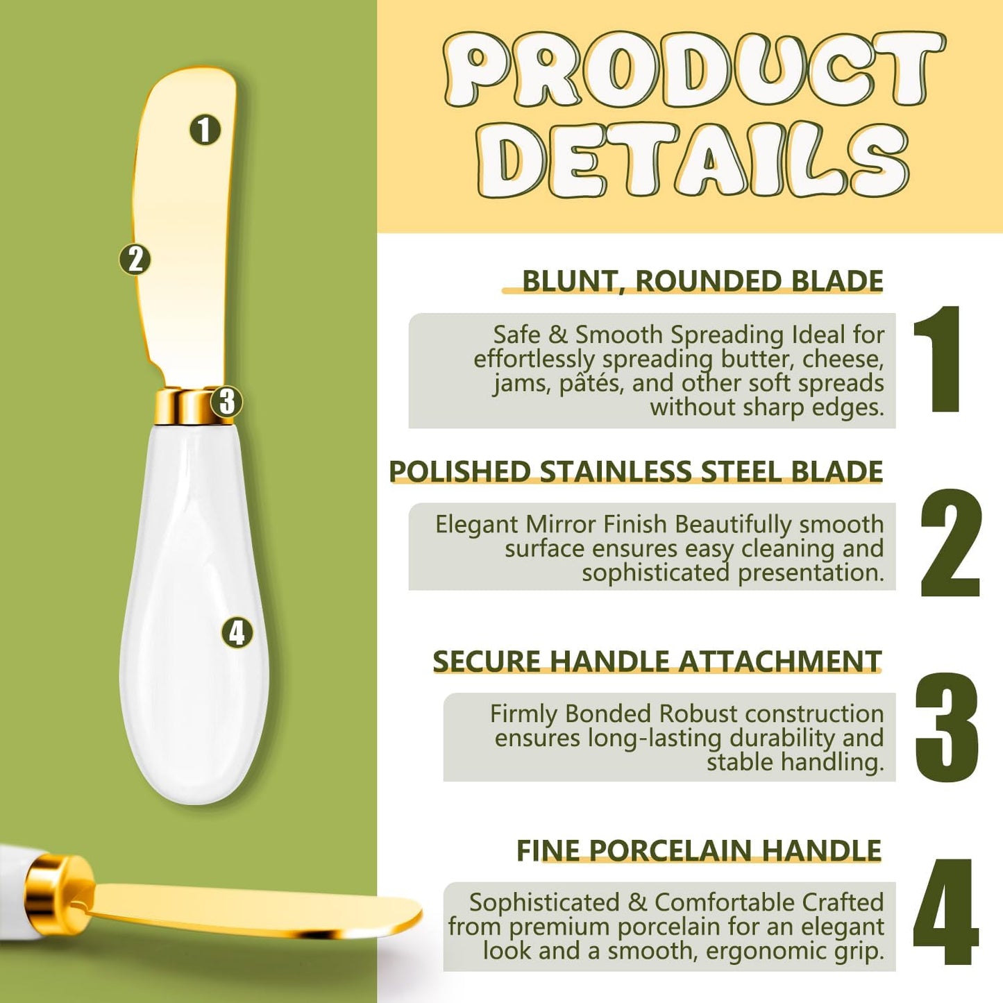 Butter Spreader Knives Set of 4, Stainless Steel Butter Knife with Porcelain Handles, Blunt Edge Cheese Spreader Set for Soft Cheese, Butter, Jam, Charcuterie, Pastry