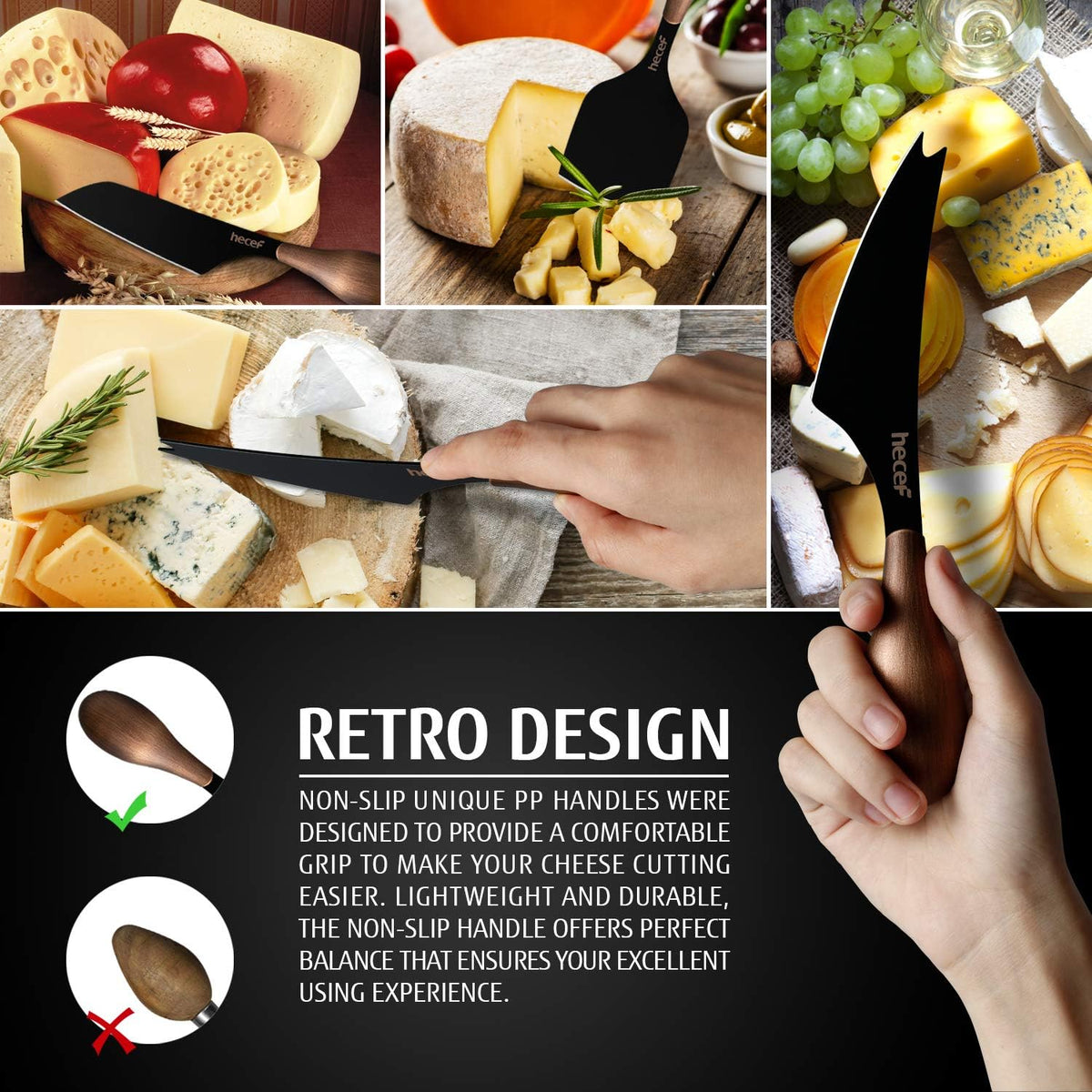 Cheese Knife Set of 3, Bronze Grain Multipurpose Retro Cheese Knives, Set includes Pronged, Hard Cheese & Chisel Knife, Black