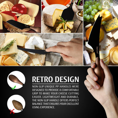 Cheese Knife Set of 3, Bronze Grain Multipurpose Retro Cheese Knives, Set includes Pronged, Hard Cheese & Chisel Knife, Black