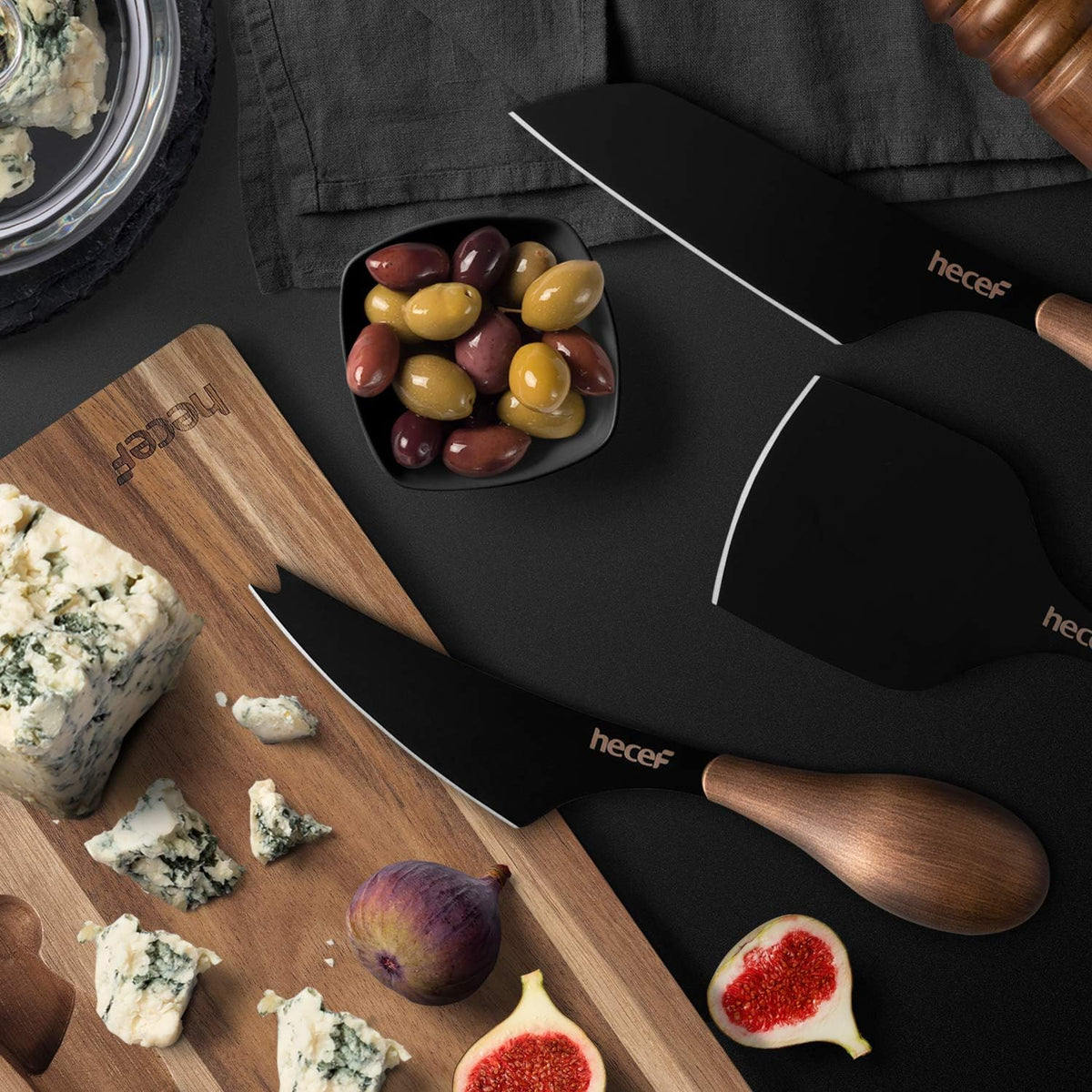 Cheese Knife Set of 3, Bronze Grain Multipurpose Retro Cheese Knives, Set includes Pronged, Hard Cheese & Chisel Knife, Black