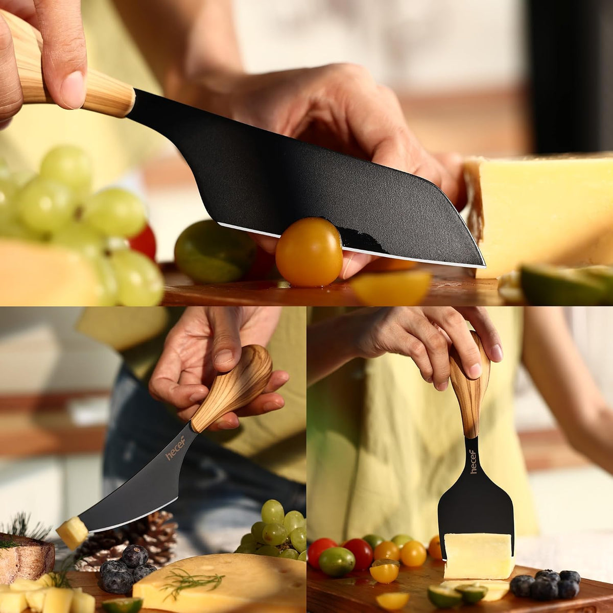 Cheese Knife Set of 3, Bronze Grain Multipurpose Retro Cheese Knives, Set includes Pronged, Hard Cheese & Chisel Knife, Black
