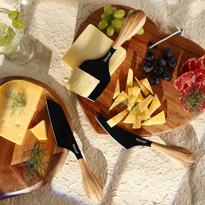 Cheese Knife Set of 3, Bronze Grain Multipurpose Retro Cheese Knives, Set includes Pronged, Hard Cheese & Chisel Knife, Black