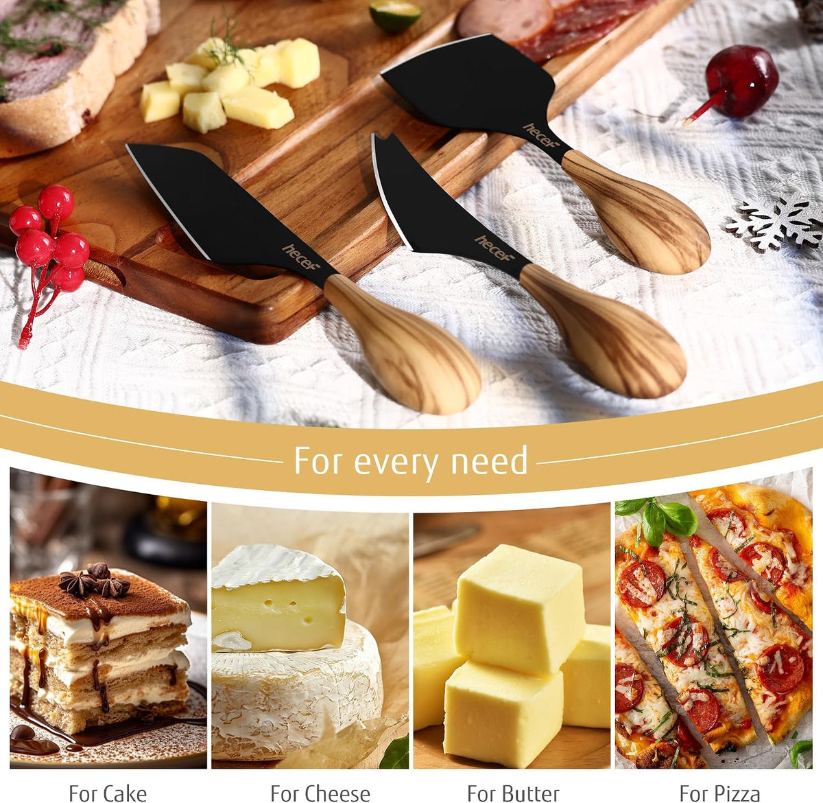 Cheese Knife Set of 3, Bronze Grain Multipurpose Retro Cheese Knives, Set includes Pronged, Hard Cheese & Chisel Knife, Black