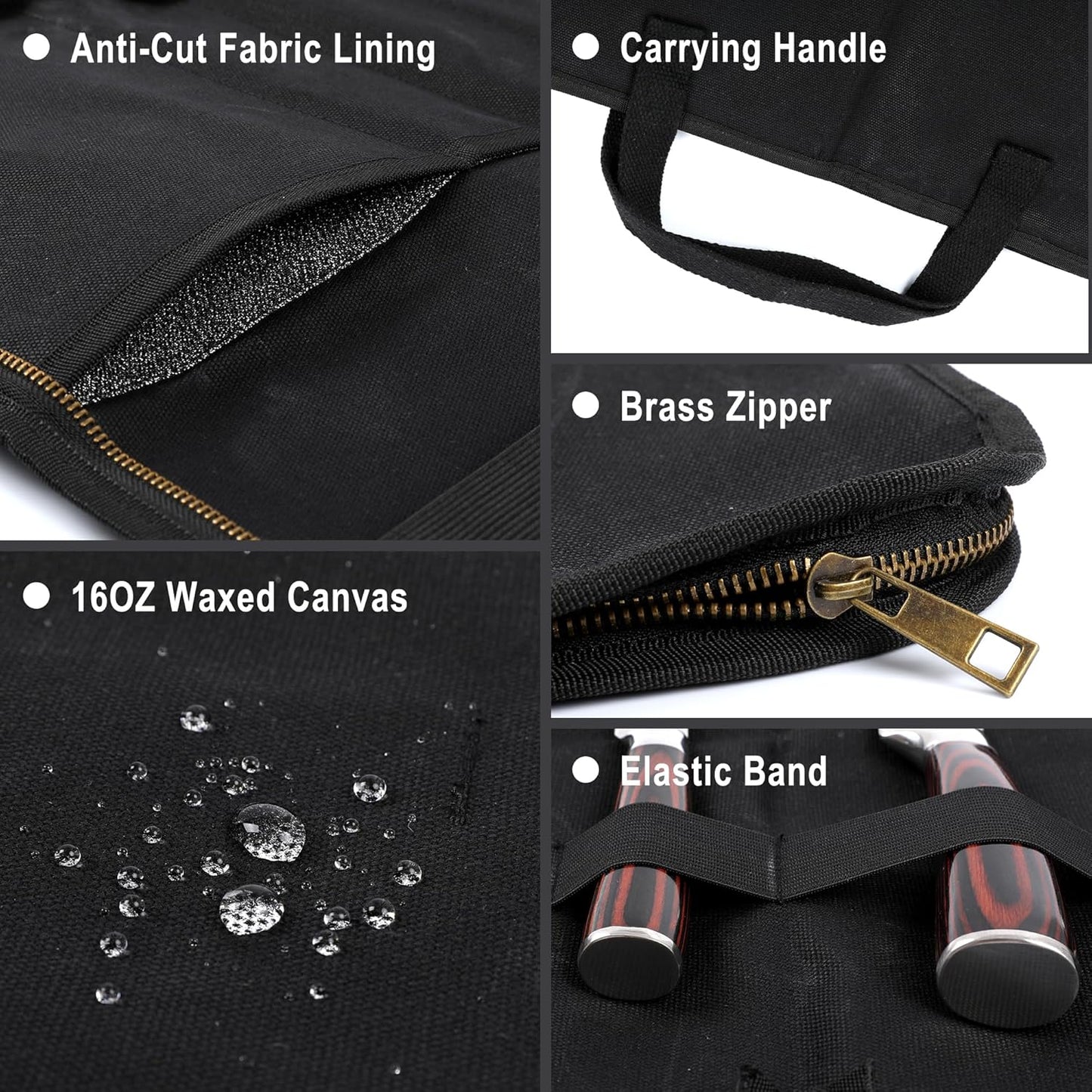Knife Srotage Bag, Heavy Duty 16oz Waxed Canvas Knife Case with Professional Anti-Cut Fabric Lining, Portable 4 Slots Chef Knife Storage Roll Bag - Black