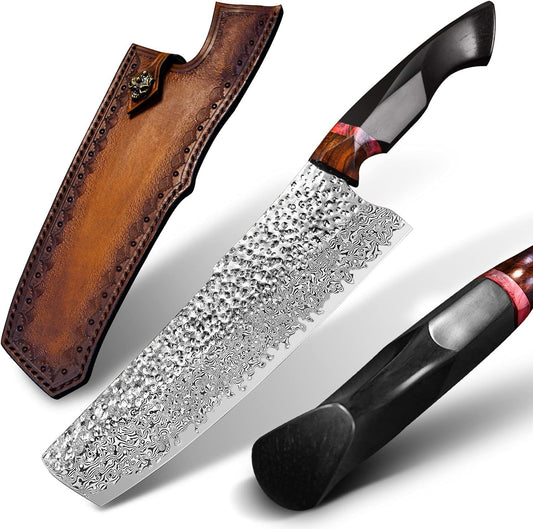 7.9in nakiri chef knife,handmade damascus steel blade ebony handle,japanese style kitchen vegetable knife with leather sheath,cutting cooking knives for kitchen
