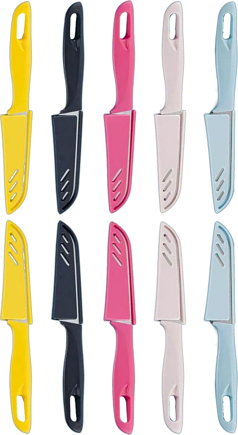 10-Set Super Value Paring Knife Set - 10 Ultra-Sharp German Steel Fruit & Vegetable Knives with 10 Sheaths, PP Plastic Ergonomic Handle, Dishwasher Safe, Multi-Color Small Kitchen Peeling Knives.
