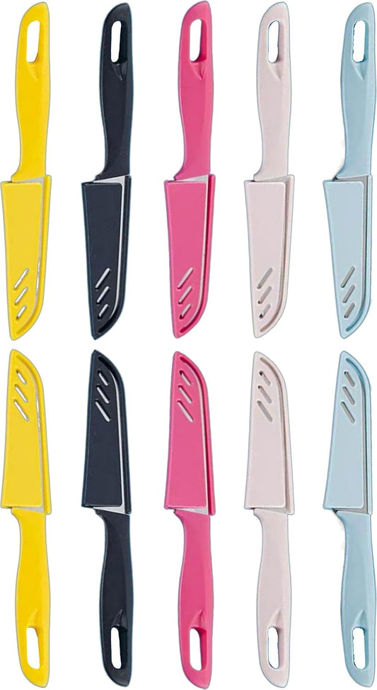 10-Set Super Value Paring Knife Set - 10 Ultra-Sharp German Steel Fruit & Vegetable Knives with 10 Sheaths, PP Plastic Ergonomic Handle, Dishwasher Safe, Multi-Color Small Kitchen Peeling Knives.