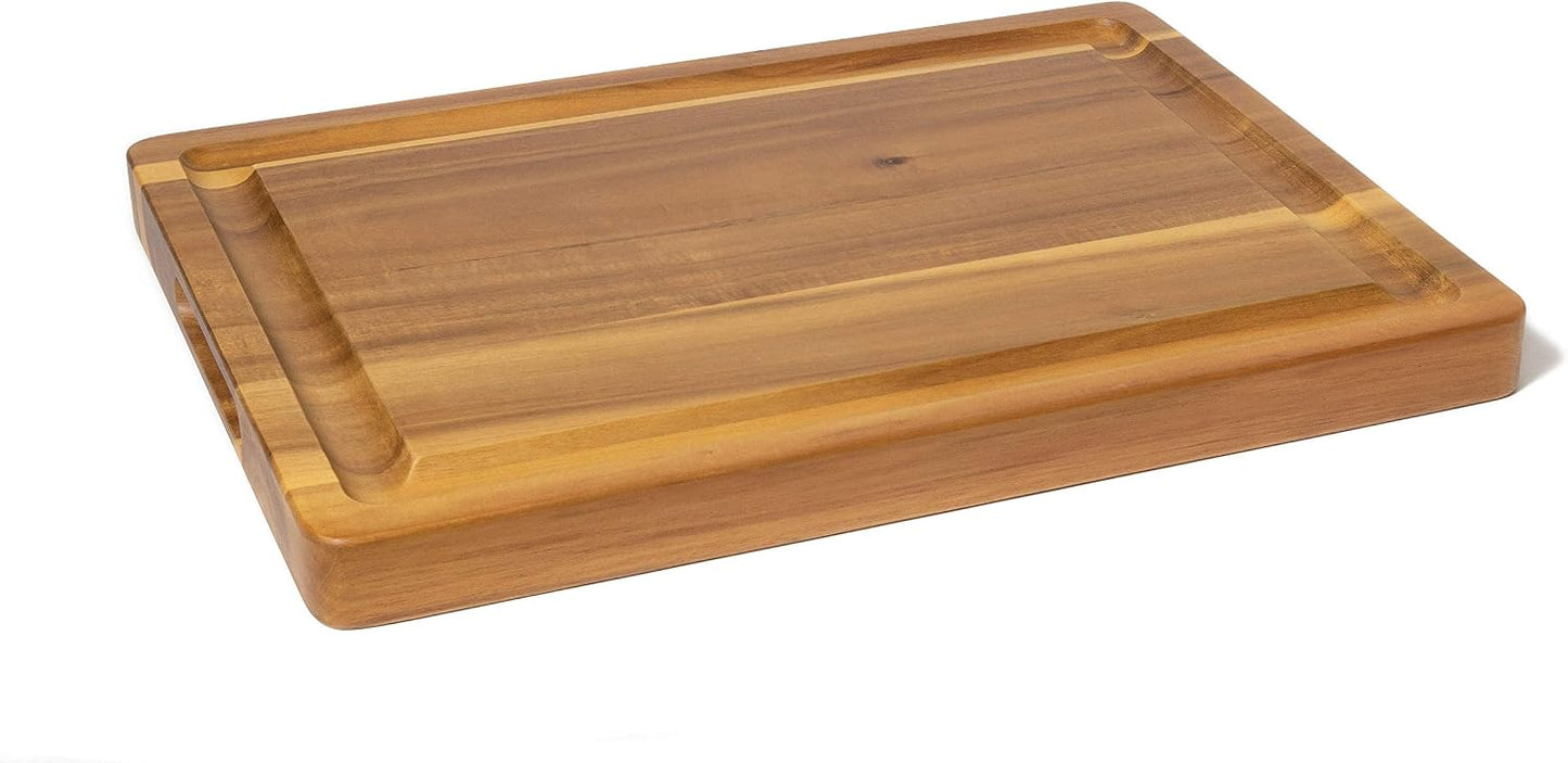 1250 Acacia 1 1/2" Thick Carving Board with Deep Well and Inset Handles for Cutting or Serving Meat, 20" x 15" x 1 1/2"