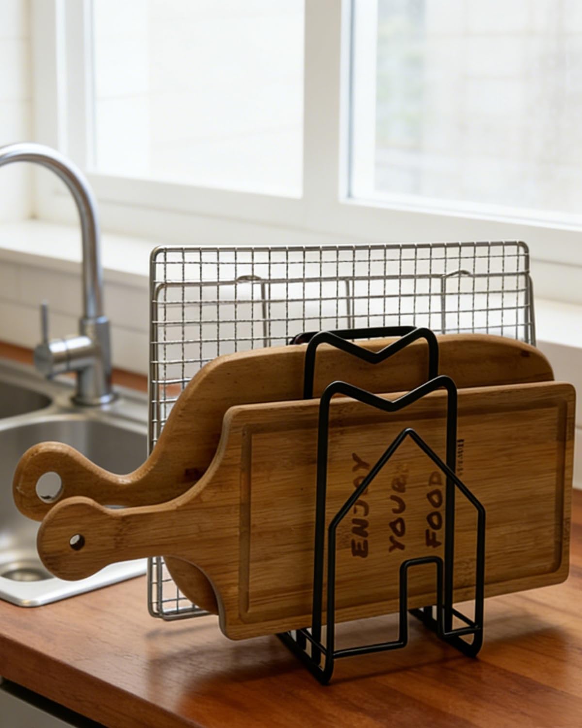 Cutting Board Rack Chopping Board Organizer Stand Holder Kitchen Countertop Pots Pan Lids Rack Organizer Flat Steel 4.92 x 5.7 x 8.47 in. Black
