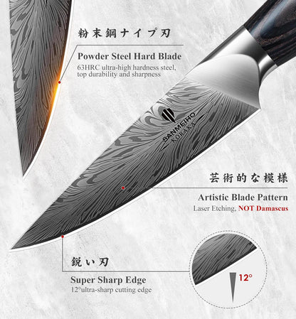 Kitchen Paring Knife 4“, Japanese Powder Steel 63 HRC | Fruit Knife for Peeling & Coring Razor Sharp 12° Edge Vegetable Chopper with Pakkawood Handle