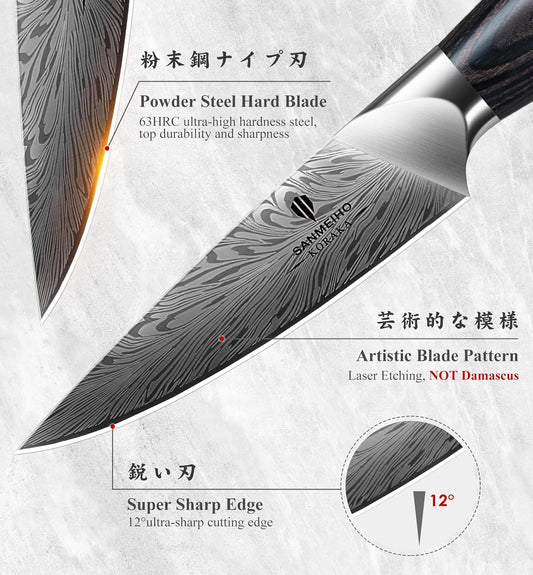 Kitchen Paring Knife 4“, Japanese Powder Steel 63 HRC | Fruit Knife for Peeling & Coring Razor Sharp 12° Edge Vegetable Chopper with Pakkawood Handle