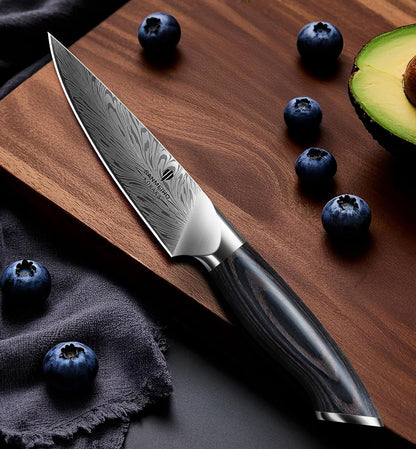 Kitchen Paring Knife 4“, Japanese Powder Steel 63 HRC | Fruit Knife for Peeling & Coring Razor Sharp 12° Edge Vegetable Chopper with Pakkawood Handle