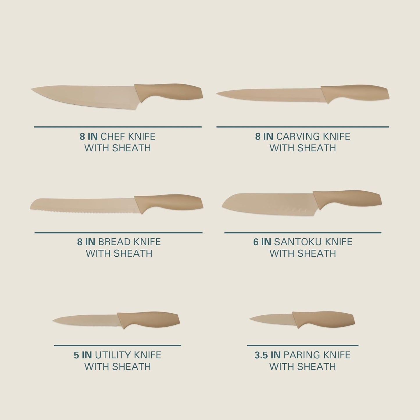 Gibson Home Bostonville 12 Piece Kitchen Knives Set W/Blade Guards/Sheaths, Chef Knife Sets With Nonstick Blades - Taupe