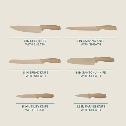 Gibson Home Bostonville 12 Piece Kitchen Knives Set W/Blade Guards/Sheaths, Chef Knife Sets With Nonstick Blades - Taupe